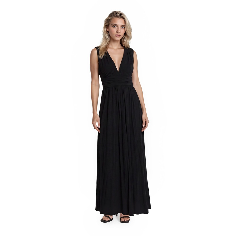 Sunday in Brooklyn Maxi Dress Women's Size XL Black V Neck Ruched Waist Textured